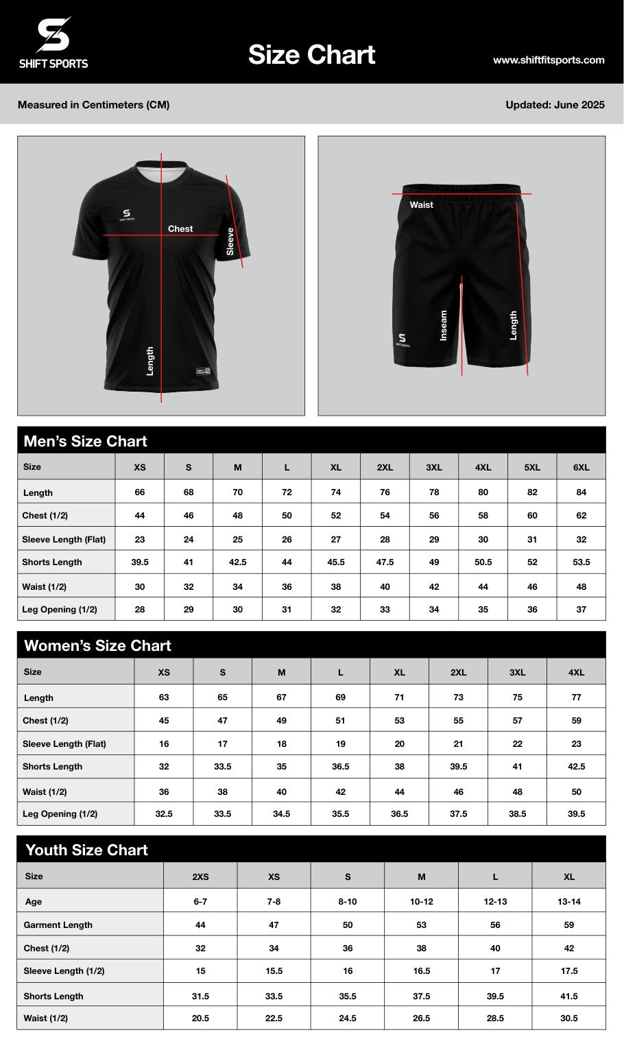 Shift Sports size chart with measuring guide